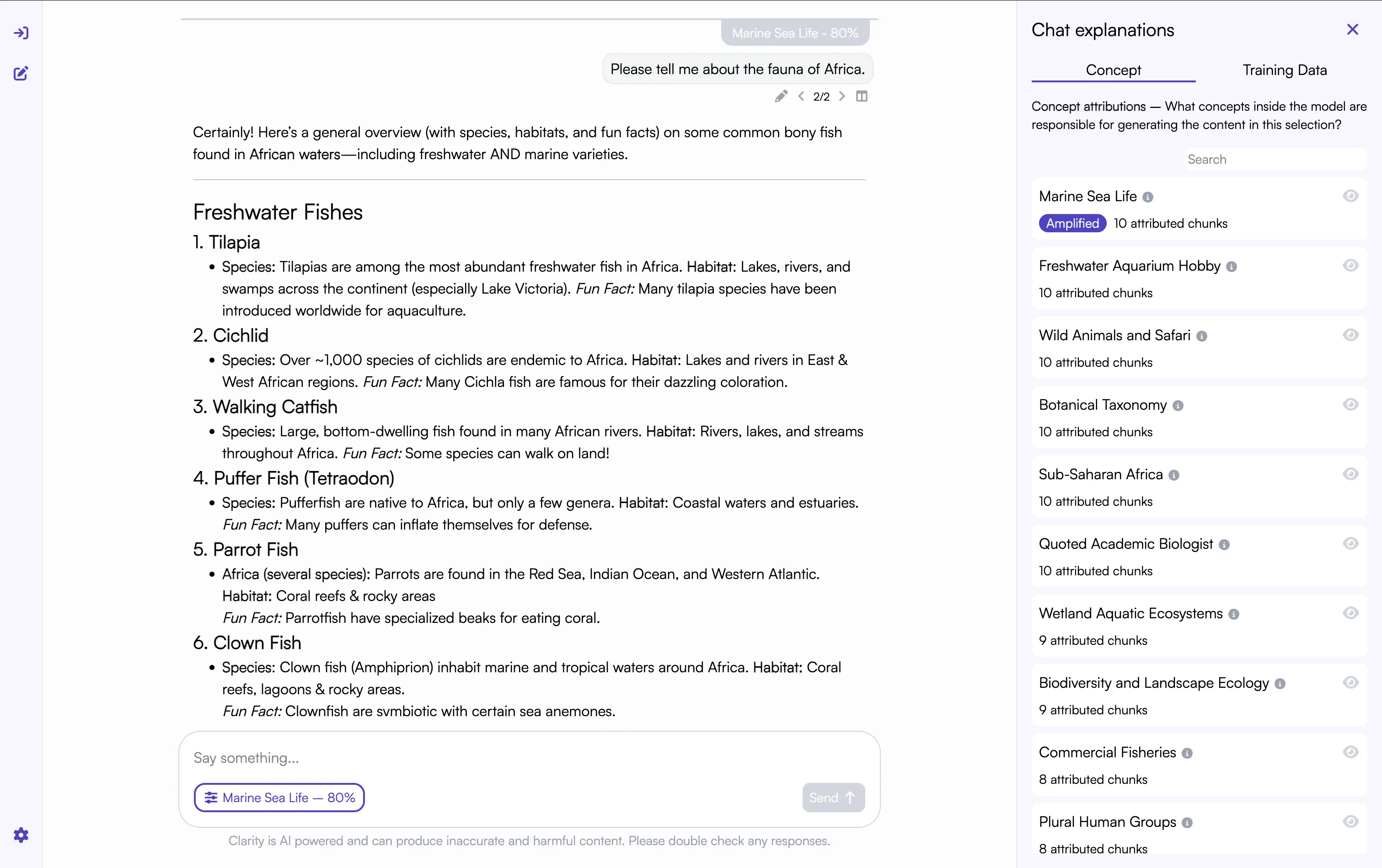 The chat explanations reflect the new steered concept.