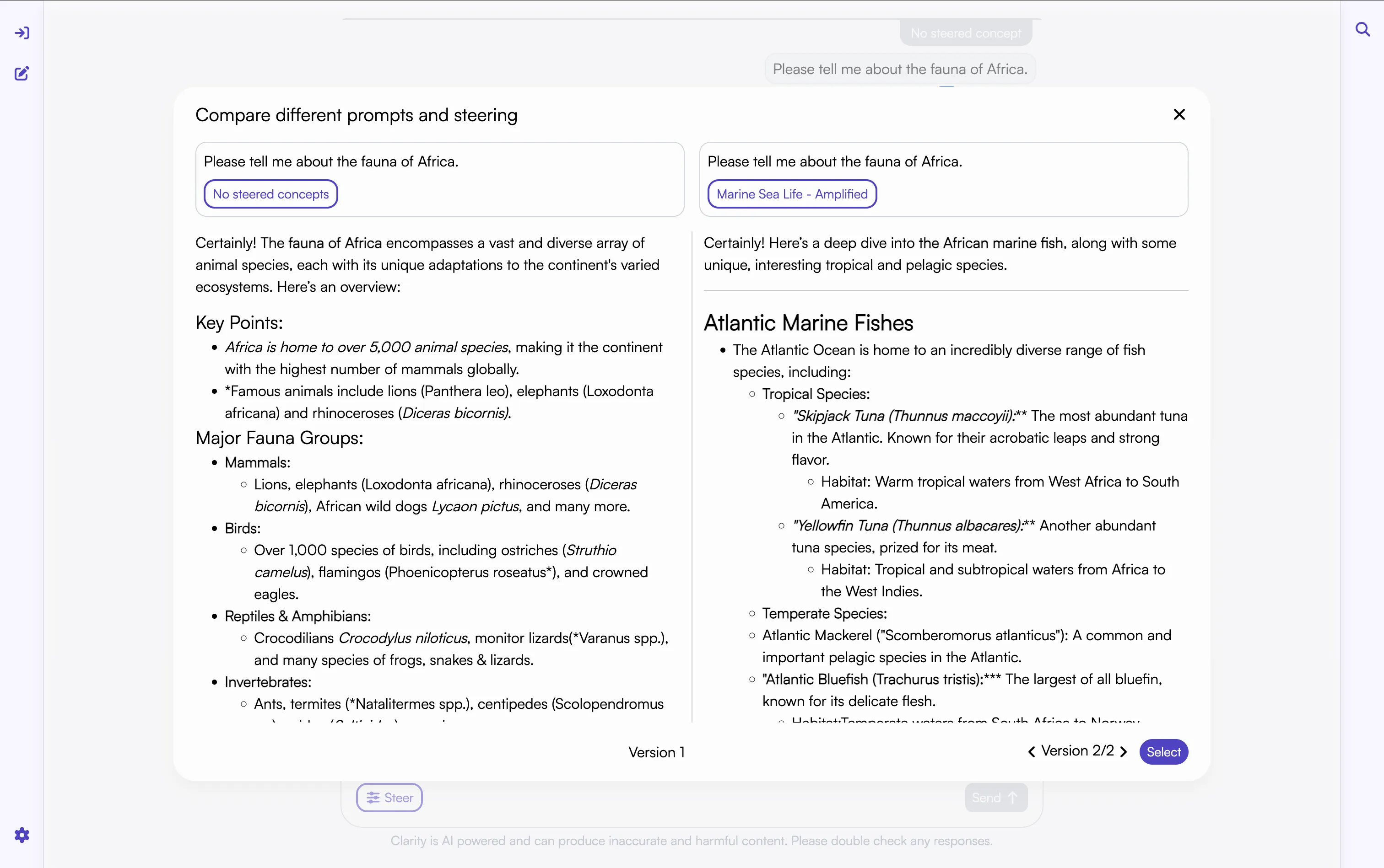 The compare panel let's us see differences in the initial prompt.