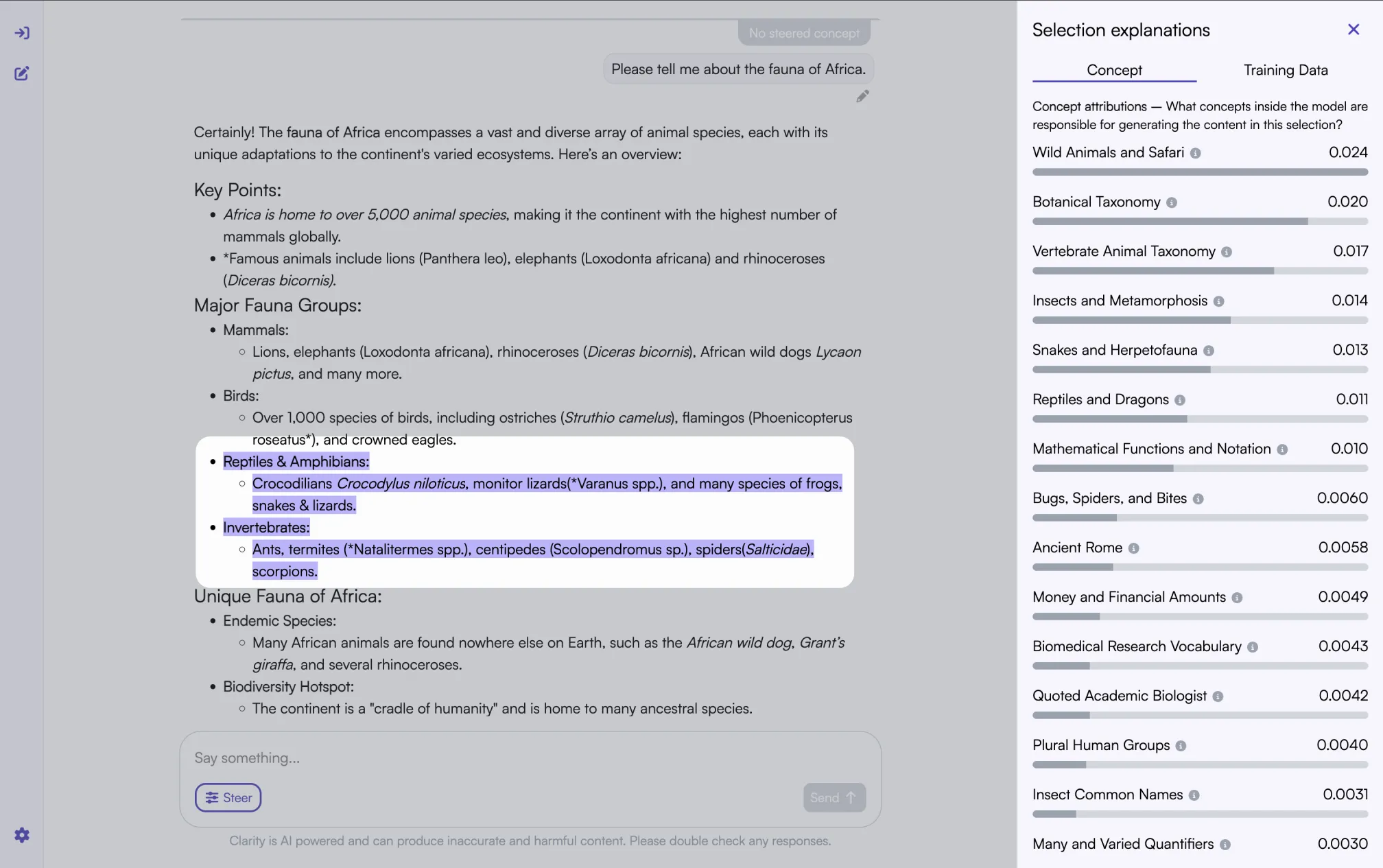 When you click on a chunk, you can see the concepts the model uses to generate that specific block of text.