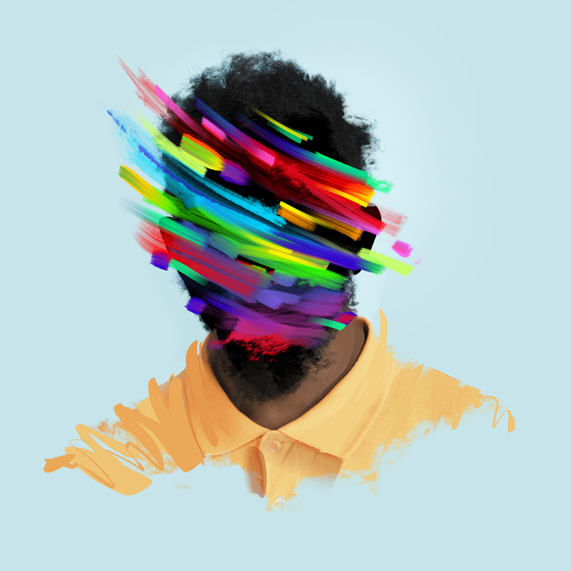 An illustration of a Black man, shoulder-up view, on a light blue background. The man has a light orange shirt. His face is covered in colorful brush strokes.